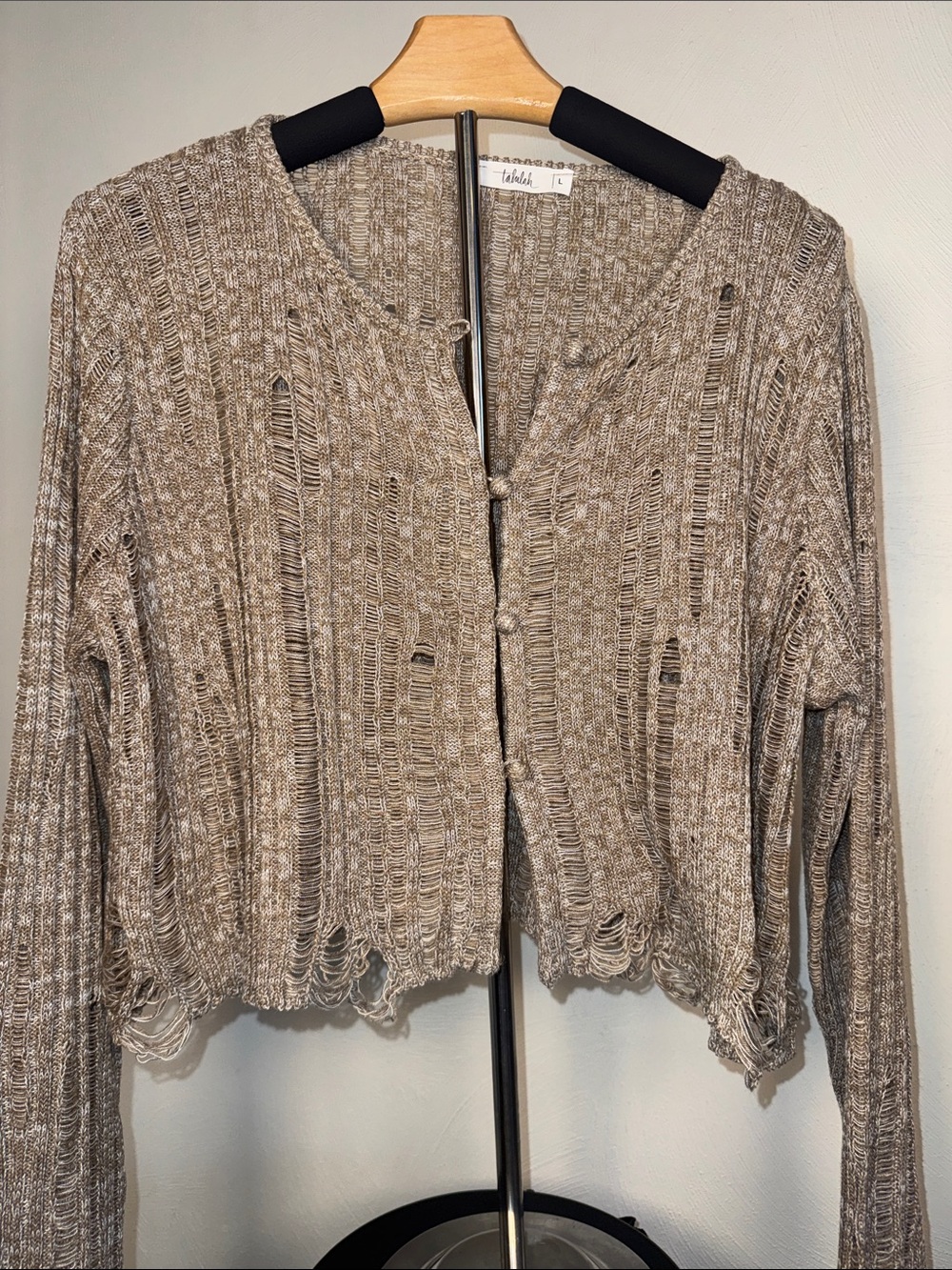 TALULAH Wool blend Distressed Open-Weave Button Cardigan